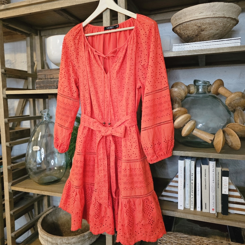 Lauren Ralph Lauren Red Eyelet Mini Dress Broderie Anglaise Belted Sz 10 - Picture 5 of 15